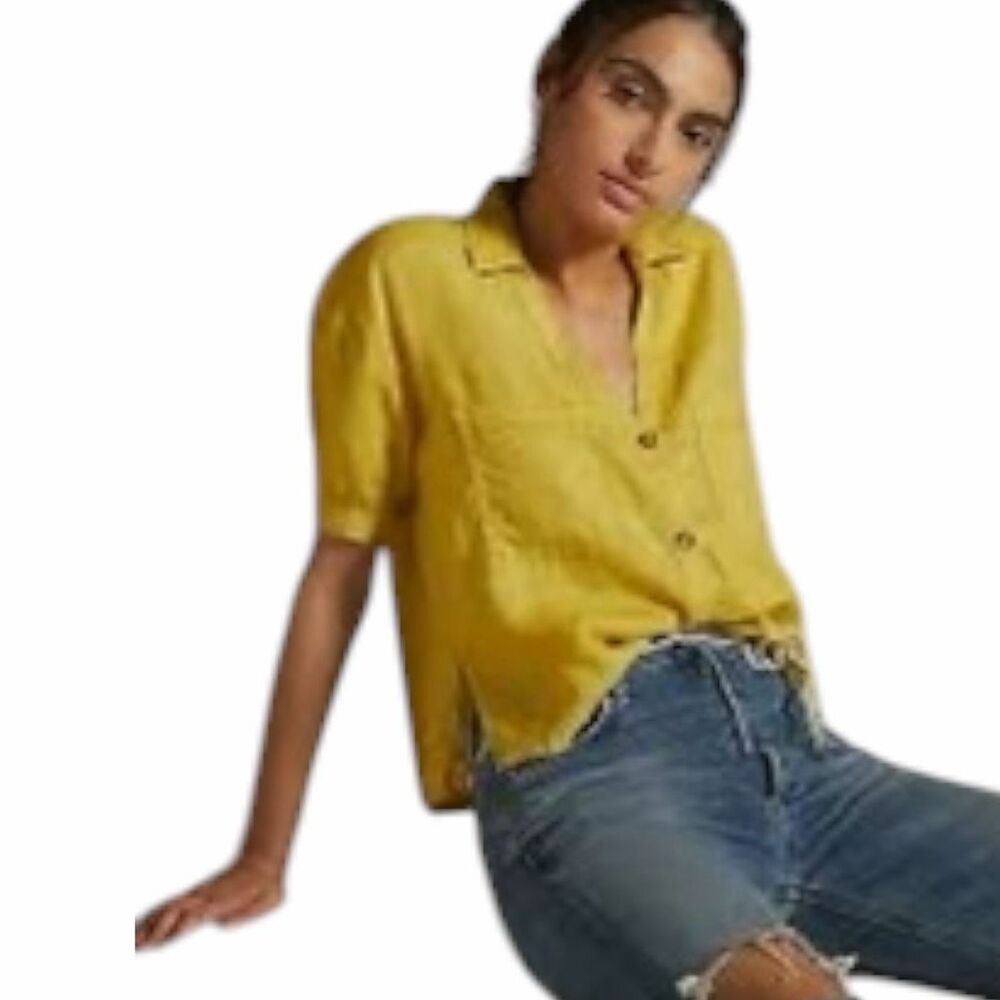 PILCRO ANTHROPOLOGIE Women’s Yellow Short Sleeve Linen Surf Button Down Top XS